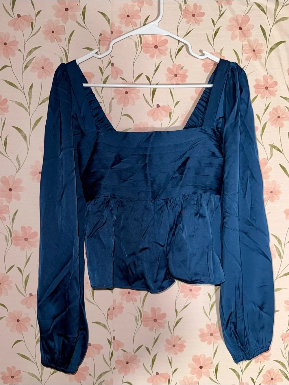 Abercrombie & Fitch Navy Square Neck Satin Peplum Long-Sleeve Top